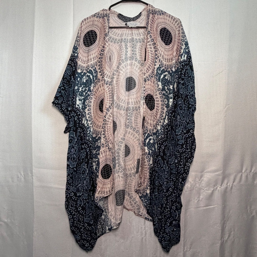Lotus and Luna Kimono One Size Blue Pink Mandala Print Open Front Rayon